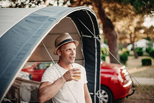 istock Man camping in his caravan at camping 481579274