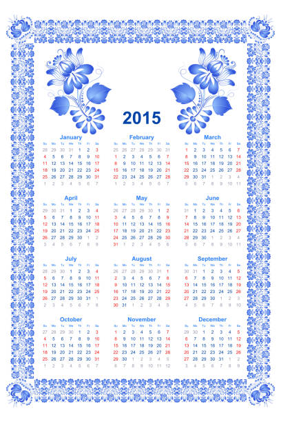 illustrations, cliparts, dessins animés et icônes de calendrier sur un fond blanc avec ornement floral bleu. gjel. - floral pattern vector illustration and painting computer graphic