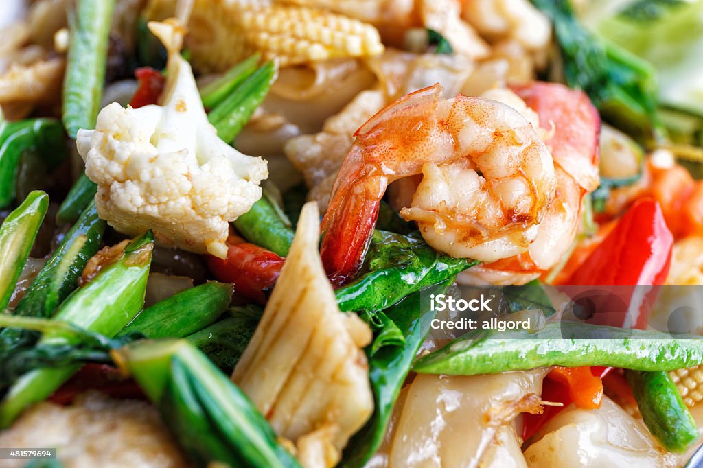 Fried vegetables and seafood in sauce Fried vegetables and seafood in sauce in Thailand 2015 Stock Photo