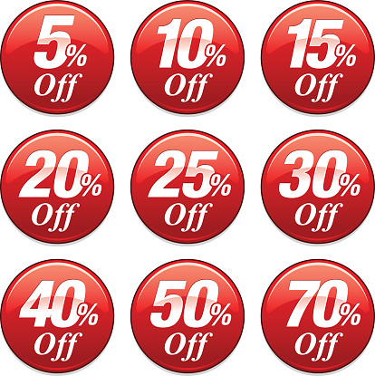 A series of badges representing a shopping sale discount at various percentages (5%, 10%, 15%, 20%, 25%, 30%, 40%, 50%, 70%)