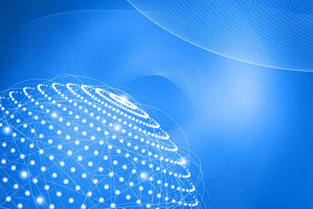 Shining sphere forming a global network on a blue background Futuristic abstract blue background with a sphere made of dots forming a shining global network, with connections made of lines and nodes. Glowing light effects and a wireframe mesh form a warped transparent surface. Blue background with shining lights. natural pattern photos stock illustrations