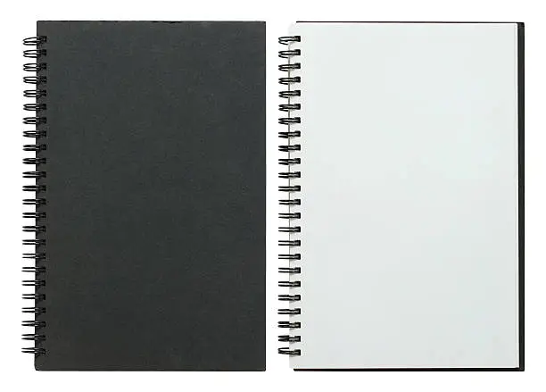 black and white spiral notebook isolated on white with clipping path
