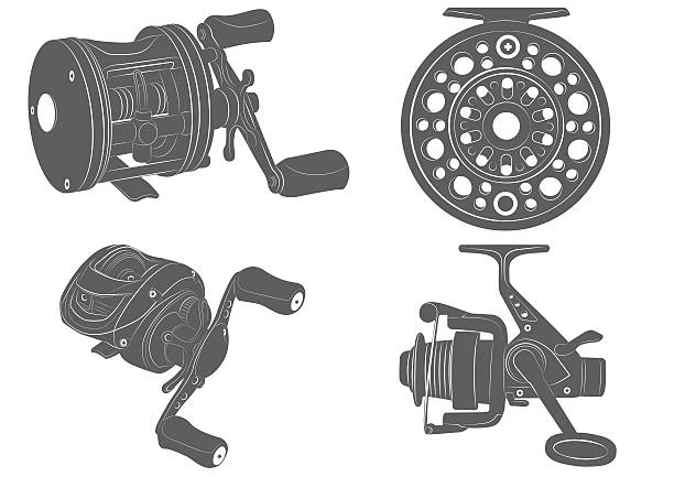 fishing reel icon four highly detailed fishing reel icons fishing line illustrations stock illustrations