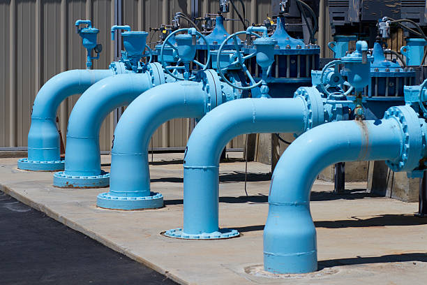 Water Pumping Transfer Station Horizontal CU Shot in Riverside, California in April of 2015. air valve photos stock pictures, royalty-free photos & images