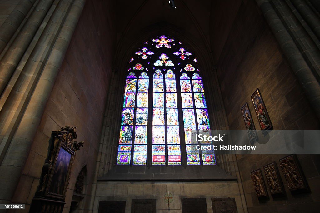 Stained glass windows Church stained glass windows inside St Vitus Cathedral, Prague - Czech Republic. 2015 Stock Photo