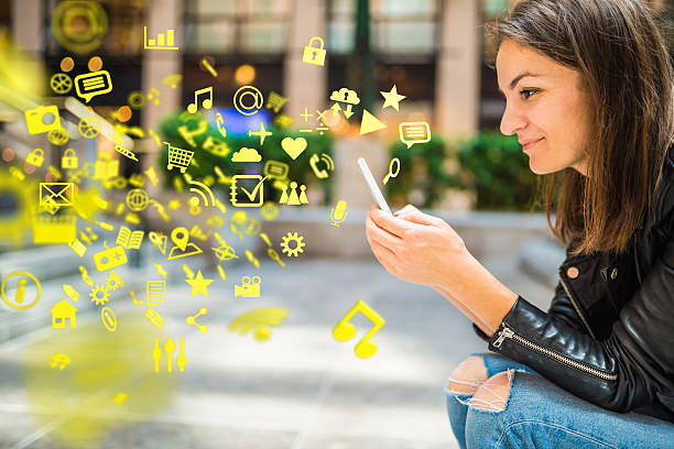 istock Apps, media and other information flying around a smartphone 481589162
