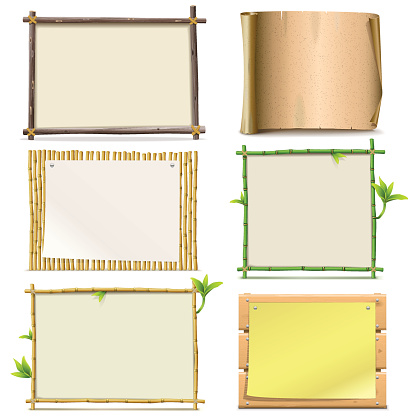 Vector set of wooden, bamboo and paper frame and boards isolated on white background