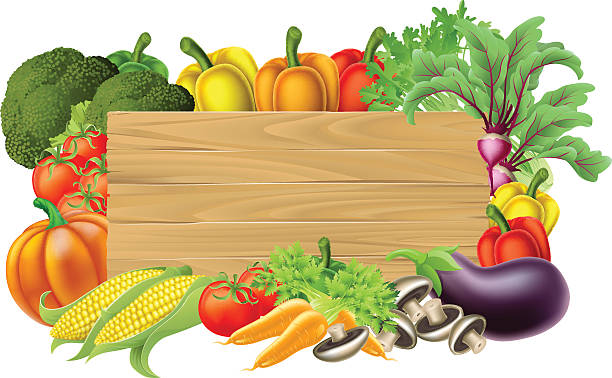 Fresh Vegetable Sign A wooden vegetables sign background surrounded by a border of fresh fruit and vegetables food produce fruit borders stock illustrations