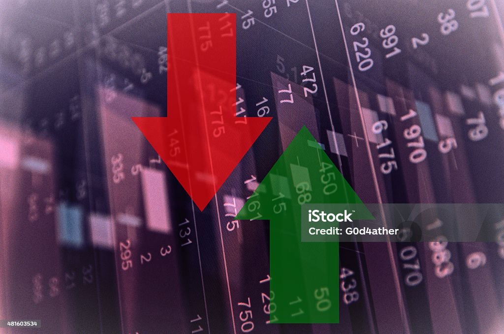 Trading software window on PC screen. Stock market activity Financial concept. Trading software window on PC screen, close-up. Arrows indicated, stock market activity. Hedge Fund Stock Photo