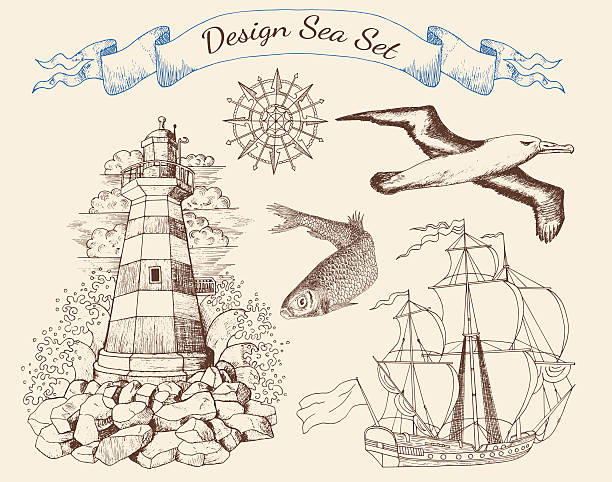 illustrations, cliparts, dessins animés et icônes de ensemble phare, la mer et poissons, expédier et de gull - sea storm lighthouse rough
