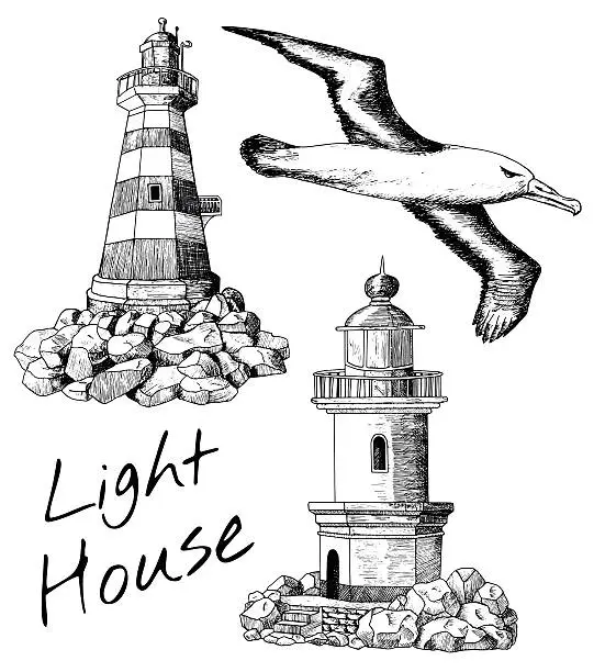 Vector illustration of Design set with gull and old light houses
