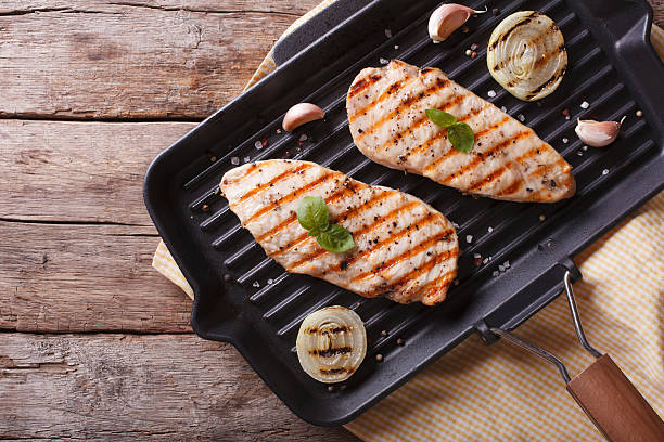 istock Chicken fillet with onion in pan grill. horizontal top view 481604952