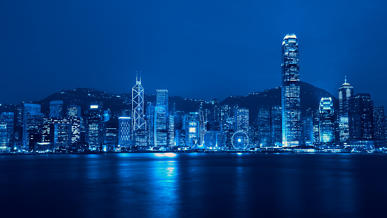 Victoria harbour skyline at night in Hong Kong, Duo color tone
