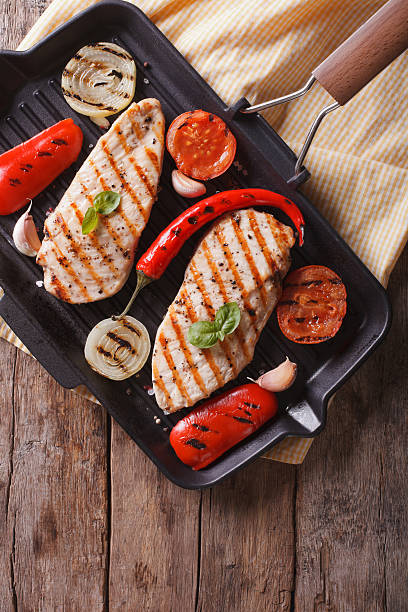 istock Chicken fillet with vegetables in pan vertical top view 481611288