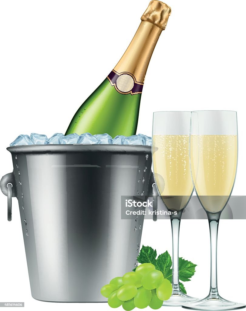 Champagne bottle in an ice bucket with two flutes. Champagne bottle in an ice bucket with two flutes and grapes. Photo-realistic EPS10 Vector. Champagne stock vector