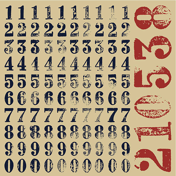 ilustrações, clipart, desenhos animados e ícones de carimbo de borracha serif números - old letter