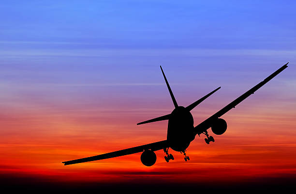 istock Silhouetted commercial airplane flying at sunset 481618582