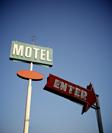 poster green motel with blue sky in Merced, California, Usa