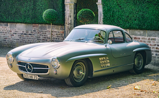 Jüchen, Germany - August 1, 2014: 1954 Mercedes-Benz 300SL Gullwing sports car. The car is on display during the 2014 Classic Days event at Schloss Dyck.