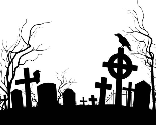 Cemetery Cemetery. Raven sitting on the tombstone. Black and white edgar allan poe stock illustrations