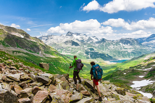 Swiss mountain range with dramatic forest cliff face in the foreground and cloudy blue sky