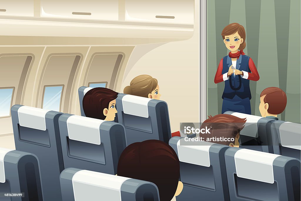 Flight attendant demonstrate how to fasten the seat belt A vector illustration of flight attendant demonstrate how to fasten the seat belt to passengers Airplane stock vector