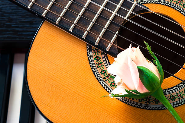 istock Guitar with pink rose on piano keyboard. 481640422