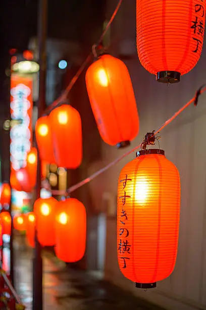 Sapporo, Japan cityscape with lanterns reading "Susukino Alley."