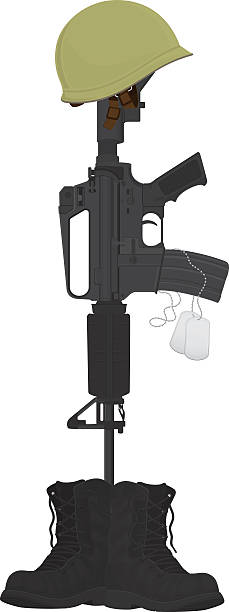 Military Battle Cross, Helmet and Machine Gun Military Battle Cross, Helmet, Machine Gun, Boots and Dog Tag. Military items assembled to form a cross shape. Represents the United States Armed Forces. Vector Illustration. ww1 helmet stock illustrations