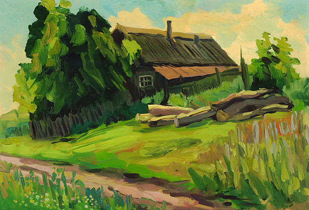 istock Summer landscape with farm house. Oil painting 481644972