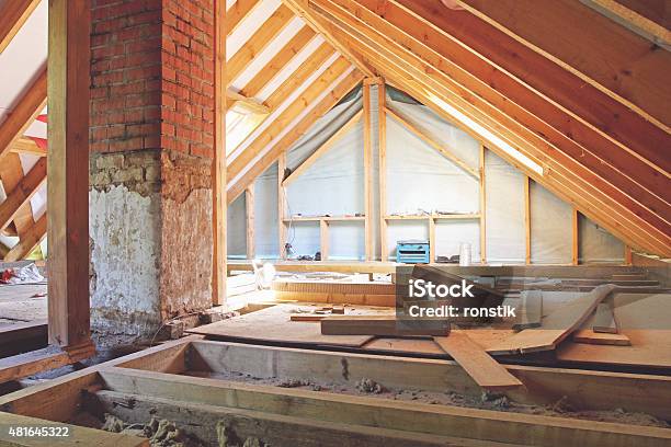 House Attic Under Construction Stock Photo - Download Image Now - Attic, Insulation, Repairing