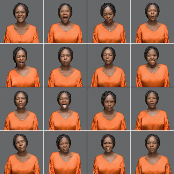 mujer africana que dieciséis diferente expresión facial - imagen múltiple fotografías e imágenes de stock