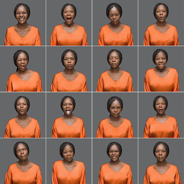 african kobieta co szesnaście różnych wyraz twarzy - facial expression women multiple image thinking zdjęcia i obrazy z banku zdjęć