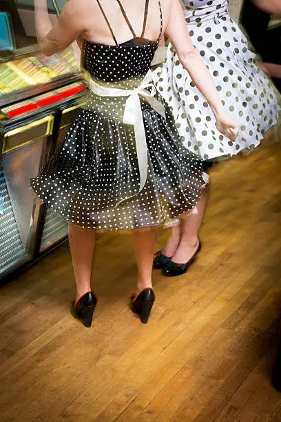 Dancing with motion blur by the jukebox 1950's retro styled women