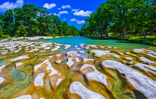 Central Texas hill country River Channels of Paradise colorful clear cold springs waters of Cold Springs , Texas. Near Concane and the Frio , River