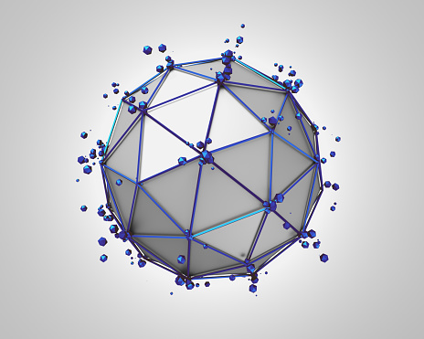 Abstract 3d rendering of low poly metal sphere with chaotic structure. Sci-fi background with wireframe and globe in empty space. Futuristic shape.