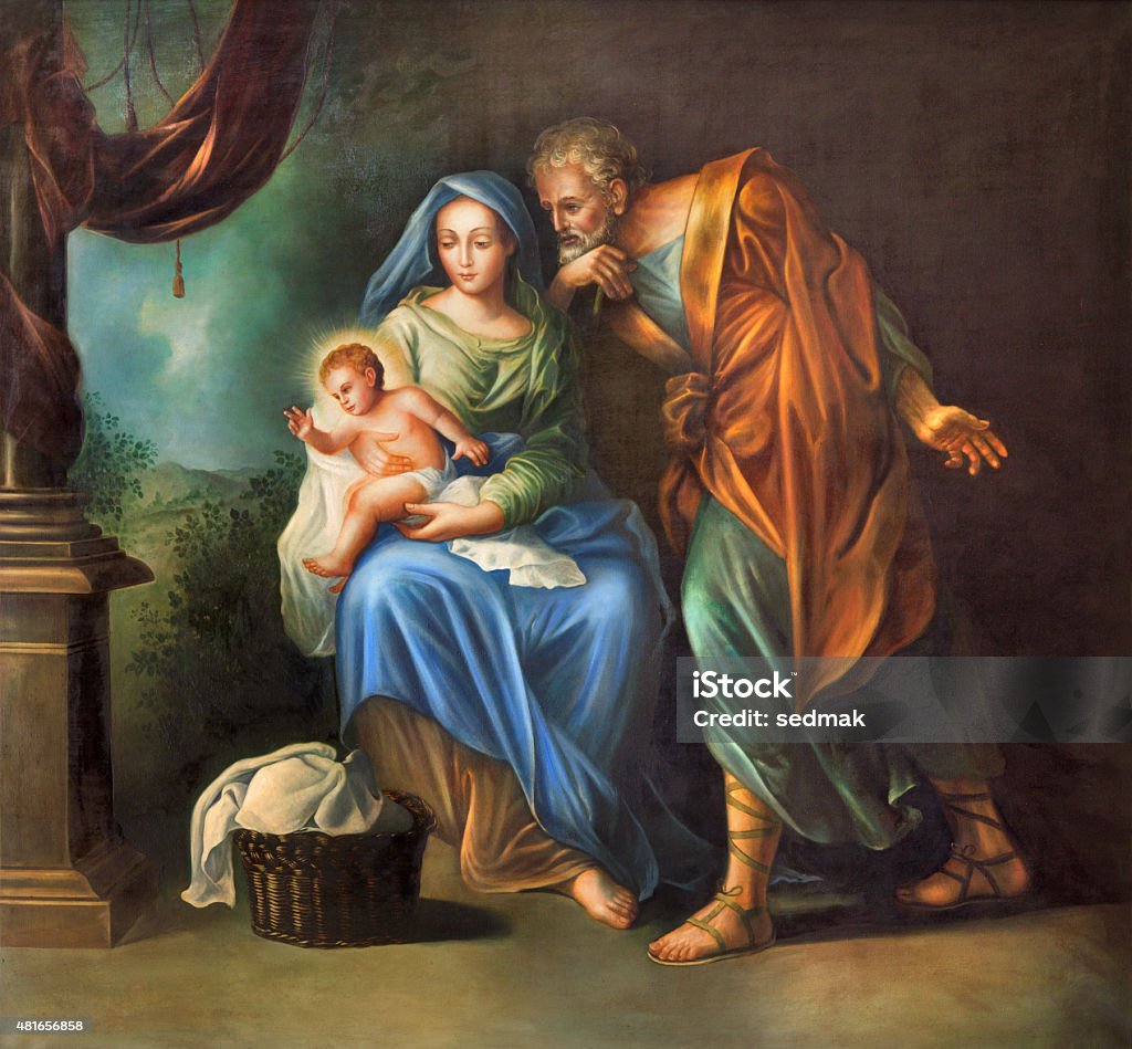 Cordoba - The Holy Family painting Cordoba - The Holy Family painting in church Convento de Capuchinos (Iglesia Santo Anchel) by unknown artis of 18. cent. Virgin Mary stock illustration