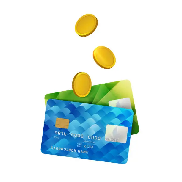 Vector illustration of Plastic Bank Cards with Gold Coins
