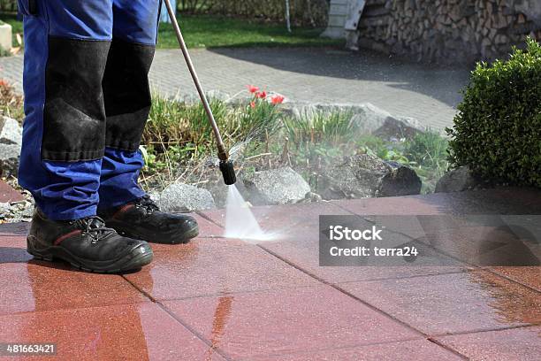 Terrace Cleaning With Highpressure Stock Photo - Download Image Now - Washing, Building Exterior, Paving Stone