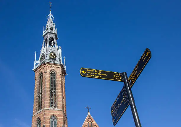 Tourist sign near the Jozef cathedral in Groningen, Netherlands