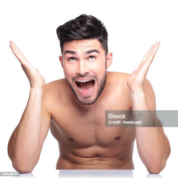 Surprised Naked Man Looking Up Stock Photo - Download Image Now - Adult, Adults Only, Beard