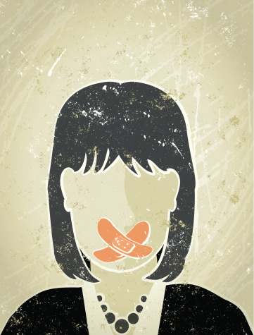 Gagging order! A stylized vector cartoon of a businesswoman with sticking plaster over her mouth,reminiscent of an old screen print poster and suggesting secrecy, censorship, privacy, corporate confidentiality, domestic violence, suppression or silence. Woman, plaster, paper texture and background are on different layers for easy editing. Woman, cloud, rain, lightning,paper texture and background are on different layers for easy editing. Please note: This is an eps10 illustration. Multiply transparency used on layer Tint , clipping paths have been also been used, an eps 8 version is included without the path and transparency.