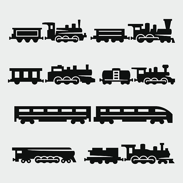 ilustraciones, imágenes clip art, dibujos animados e iconos de stock de trenes conjunto de siluetas de vector de aislamiento - steam train