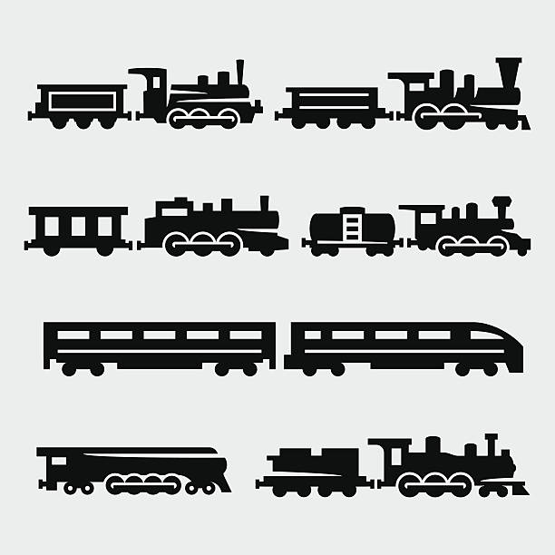 ilustrações de stock, clip art, desenhos animados e ícones de conjunto de silhuetas vetor isolado de comboios - train steam train vector silhouette