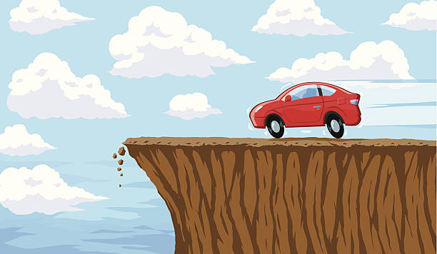 Going over a cliff Oblivious car going over a cliff cliffs stock illustrations