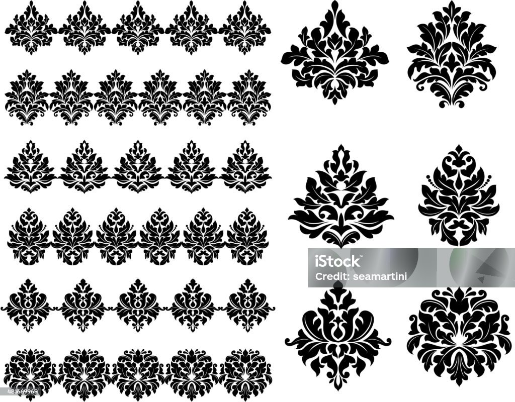 Floral and foliate design elements Collection of black silhouetted floral and foliate design elements as arabesques Abstract stock vector