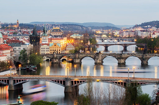Aerial view of Prague (Czech Republic) in the sunset