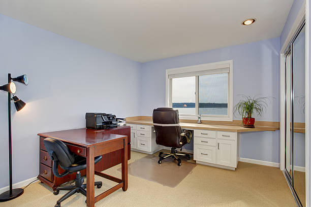 istock Perfect office with carpet, and periwinkle walls. 481675306