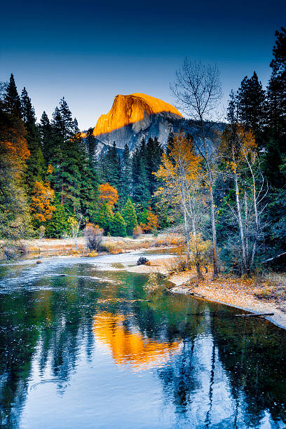 Half Dome Reflection Half Dome reflected in the Merced river on an autumn afternoon. yosemite national park stock pictures, royalty-free photos & images