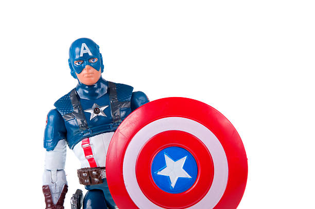 Captain America Action Figure Adelaide, Australia - July 18, 2015:An isolated shot of a Captain America action figure from the Marvel universe. Merchandise from Marvel comics and movies are highy sought after collectables. action figure photos stock pictures, royalty-free photos & images